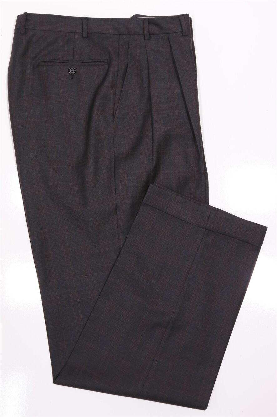 Canali Charcoal Gray w/ Red Windowpane Plaid Pleated Wool Dress Pants 32x32